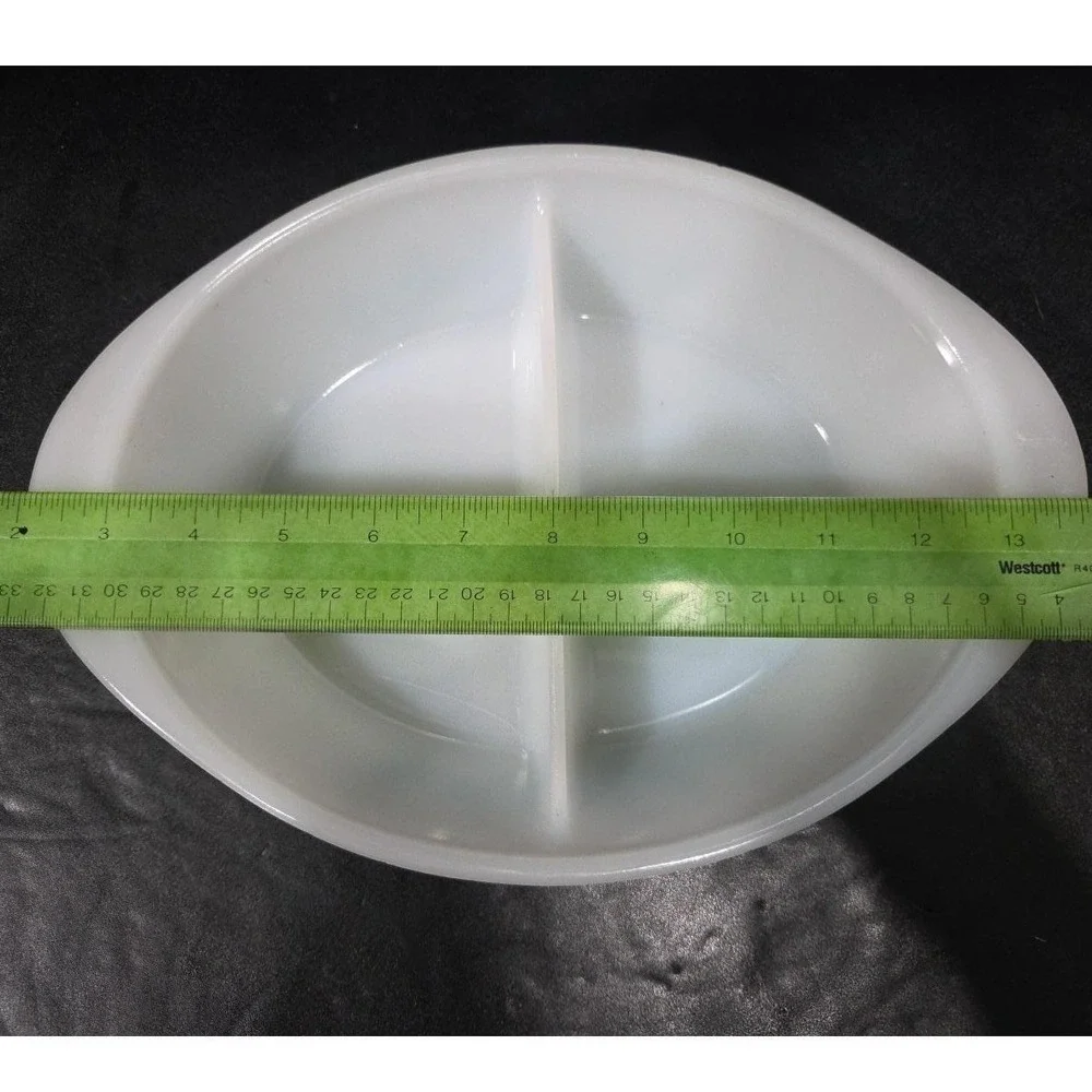 Glasbake‎ Divided Casserole Dish J-2352, Aqua Turquoise Fruit Design Milk Glass